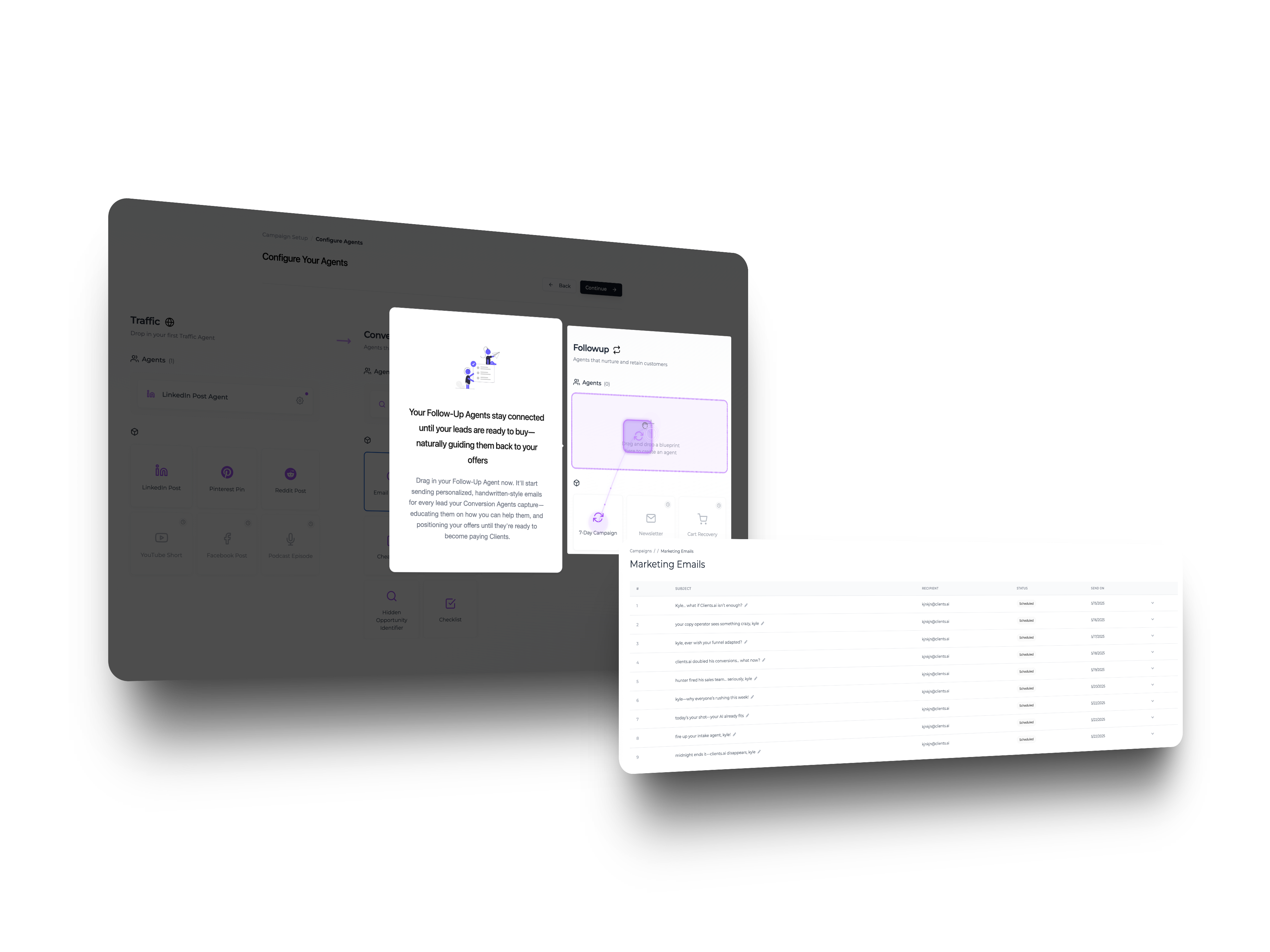 Timeline view with gentle reminder emails and a final 'Appointment Confirmed' badge